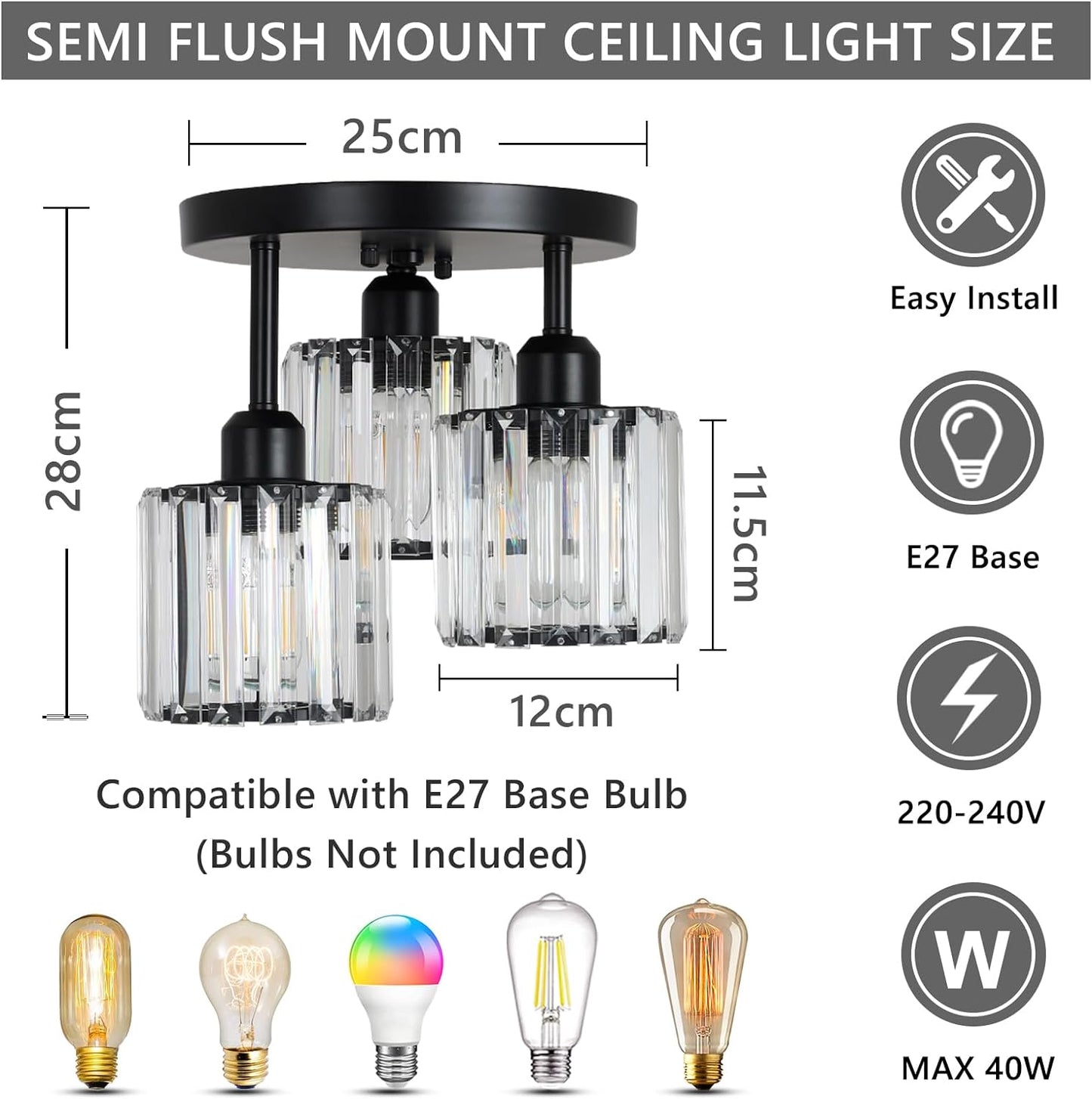 Moderne Kristallen Kroonluchter - 3 Kop Crystal Plafondlamp - K9-Kristal - E27 - Zwart - Verlichting - Plafonnière