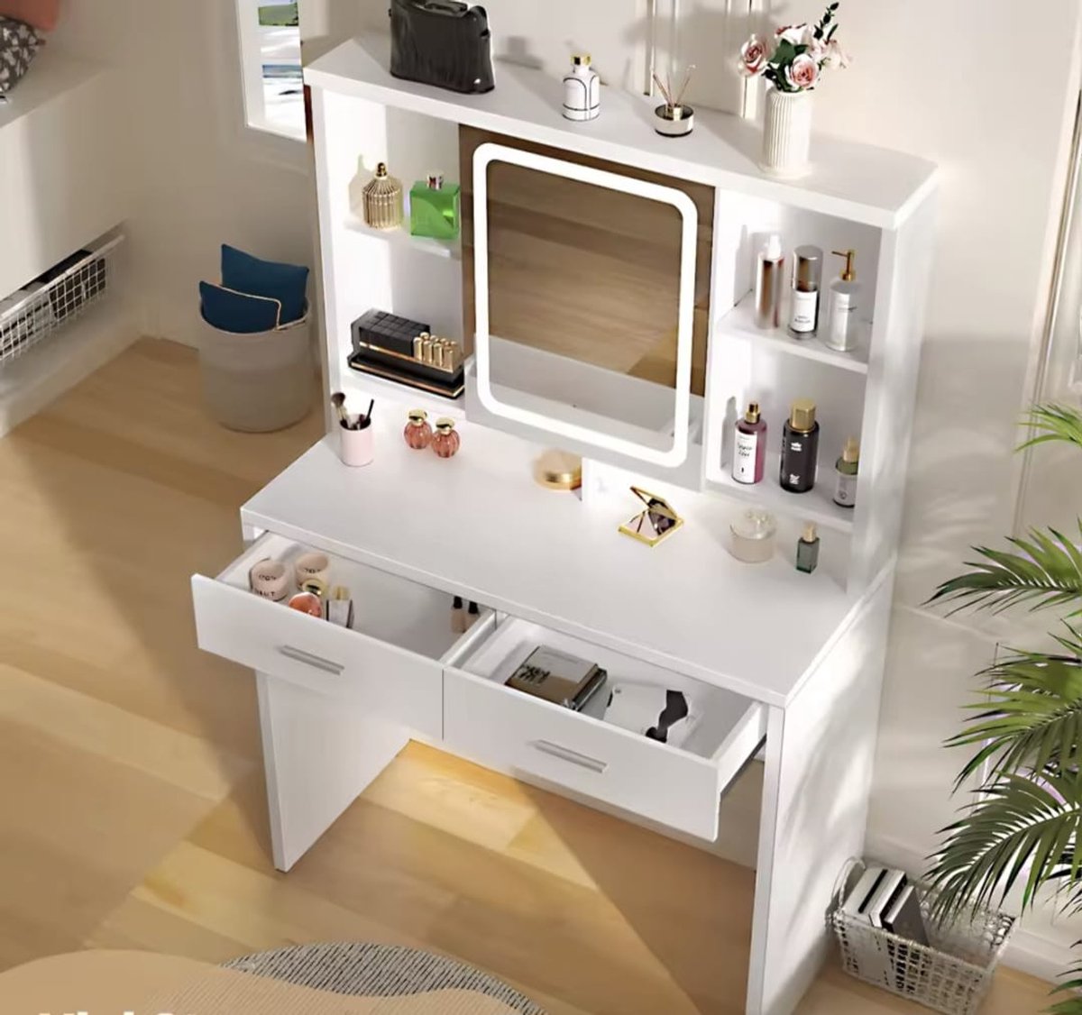 Kaptafel Met LED Spiegel - 2 Laden - Touch Screen - Instelbare LED Verlichting - Make-up Tafel - Modern Design