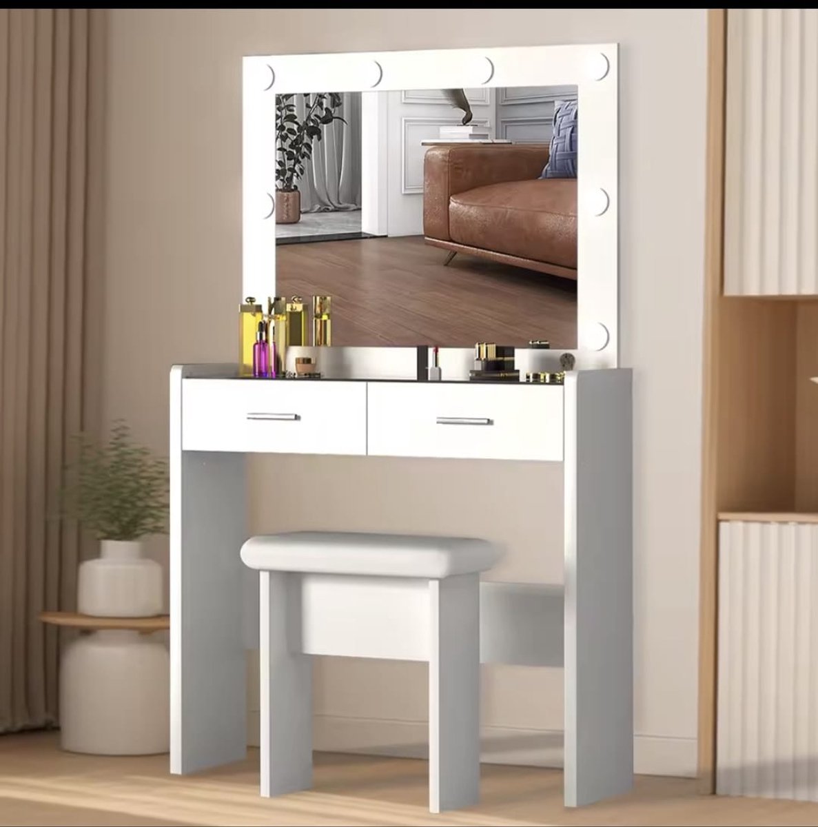 Kaptafel Met Kruk - Make up tafel - Kaptafel Met LED Spiegel - 2 Laden - Met Glas - Cosmeticatafel - Modern - Wit - Met 8 LED Lampen