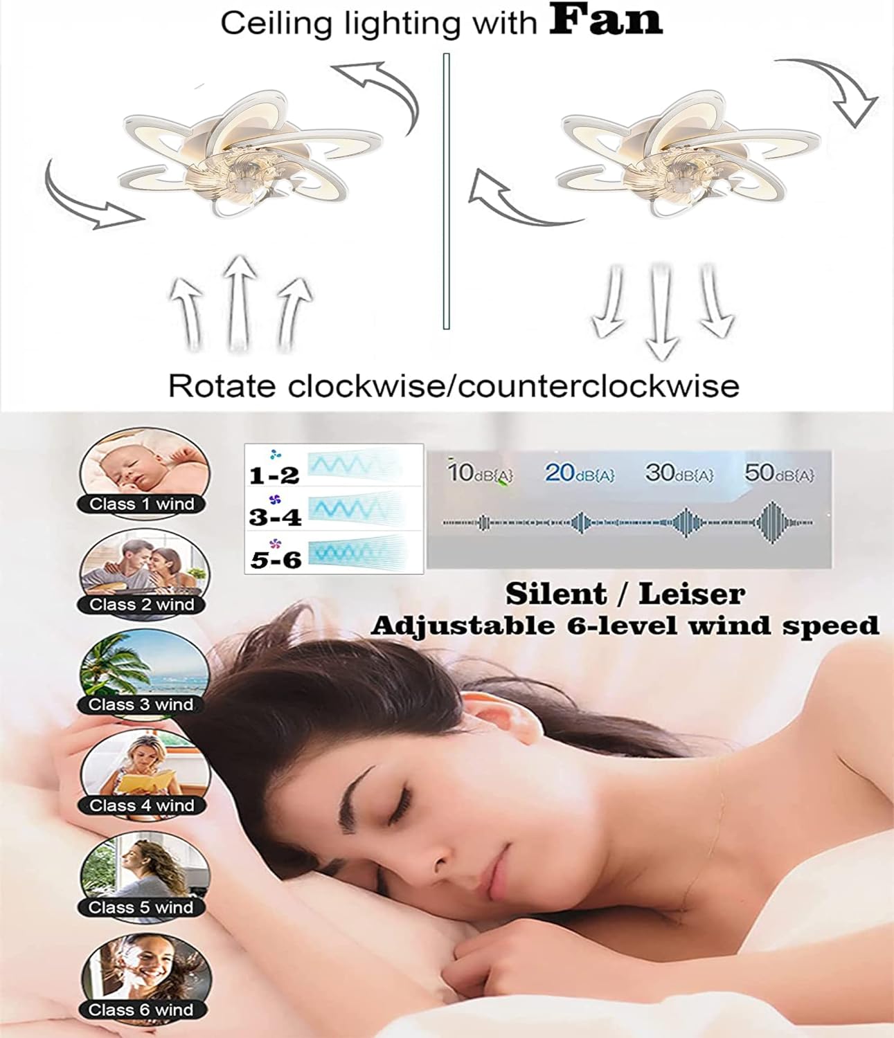 LuxiLamps - 6 Wing Ceiling Fan - Smart Lamp - Dimmable - Black - 6 Settings - Living Room Lamp Fan - Chandelier Fan - Fan Lamps - 67 cm