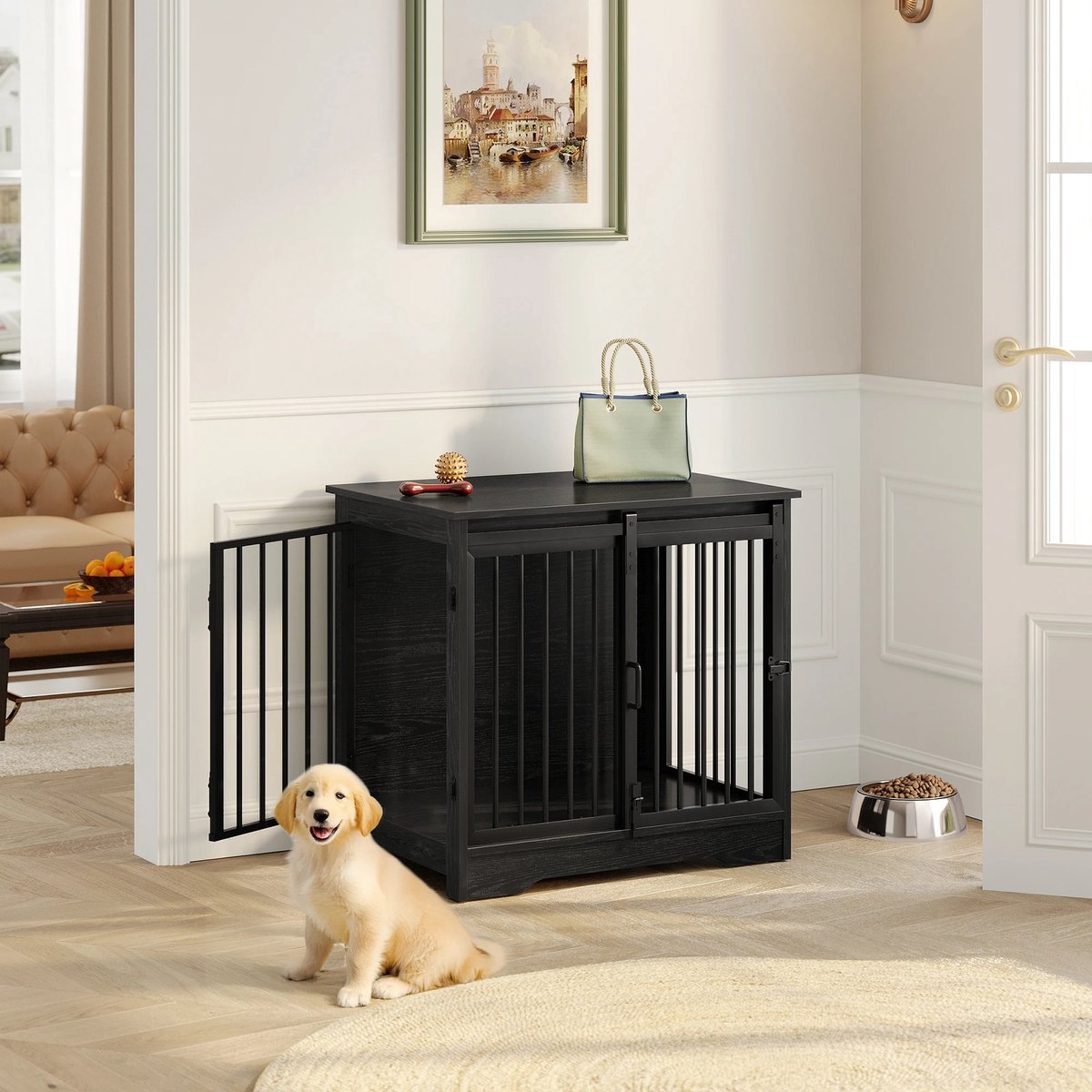 Hondenbench - Meubel - Bench - Hondenkooi - Hondenhok - Hondenbox - Salontafel - 2 Deuren - Schuifdeur - 49x69x64,5 cm - Zwart