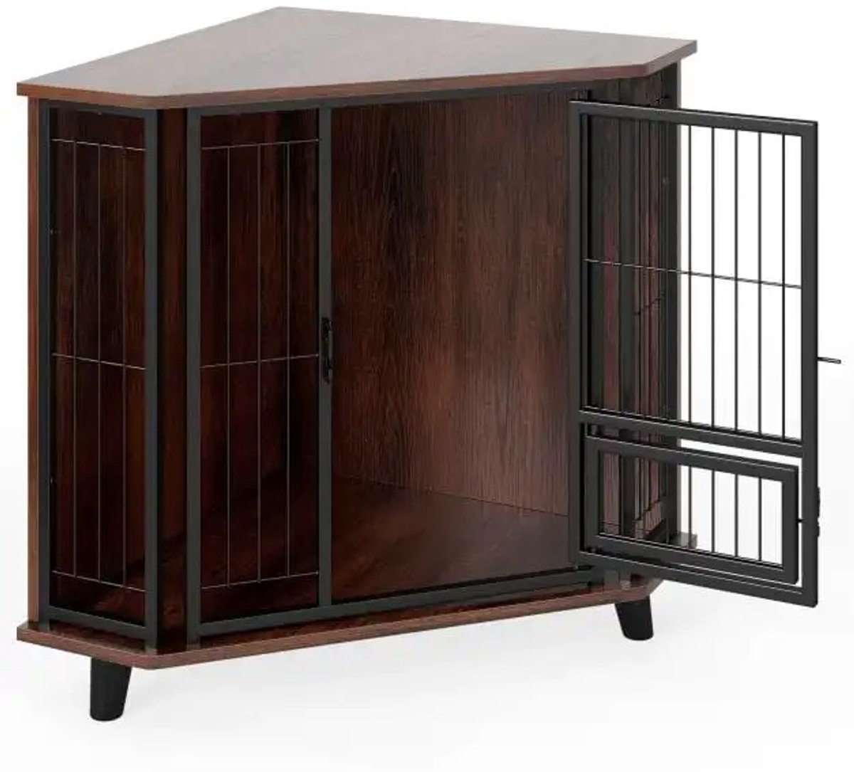 Hondenbench Meubel Hoek – Hondenkooi – Hondenhok – Bijzettafel – 3 Poten – Voerbakdeur – 60x60x71,5 cm – Donkerbruin