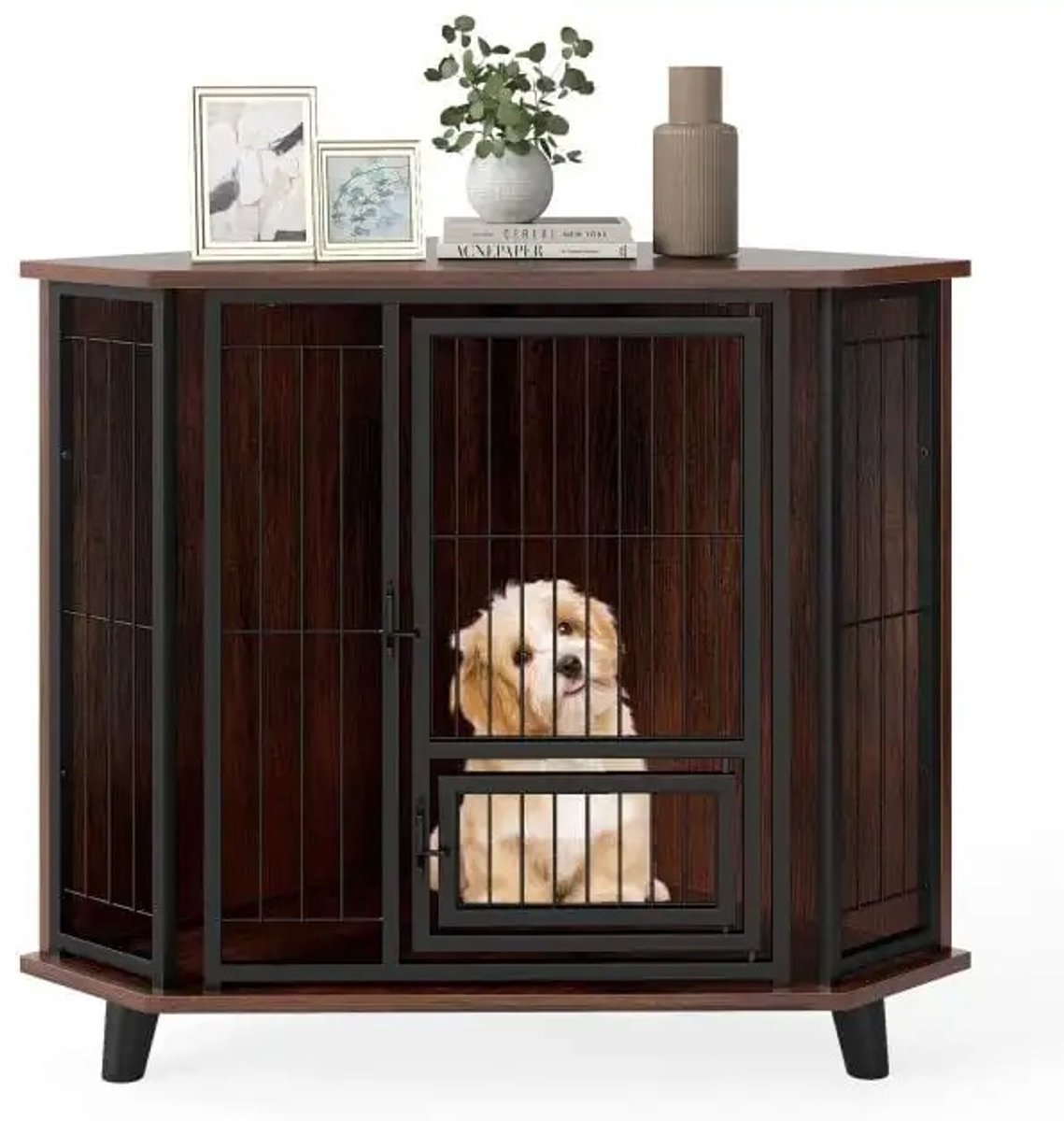 Hondenbench Meubel Hoek – Hondenkooi – Hondenhok – Bijzettafel – 3 Poten – Voerbakdeur – 60x60x71,5 cm – Donkerbruin