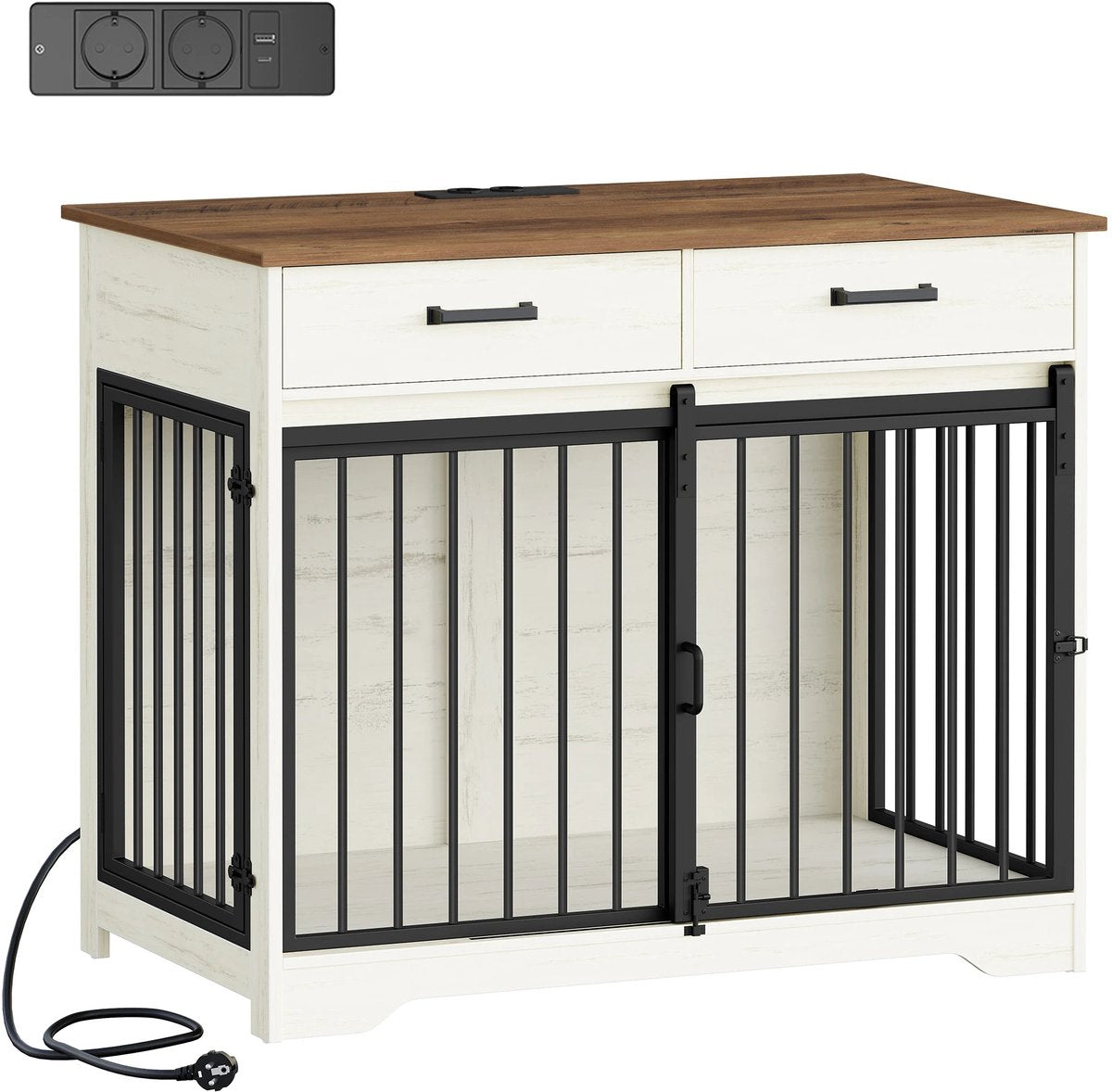 Hondenbench - Meubel - Hondenkooi - Hondenhok - Hondenbox - 2 Deuren - 2 Oplaadpunten - Stopcontact - 97x56x81 Cm - Wit