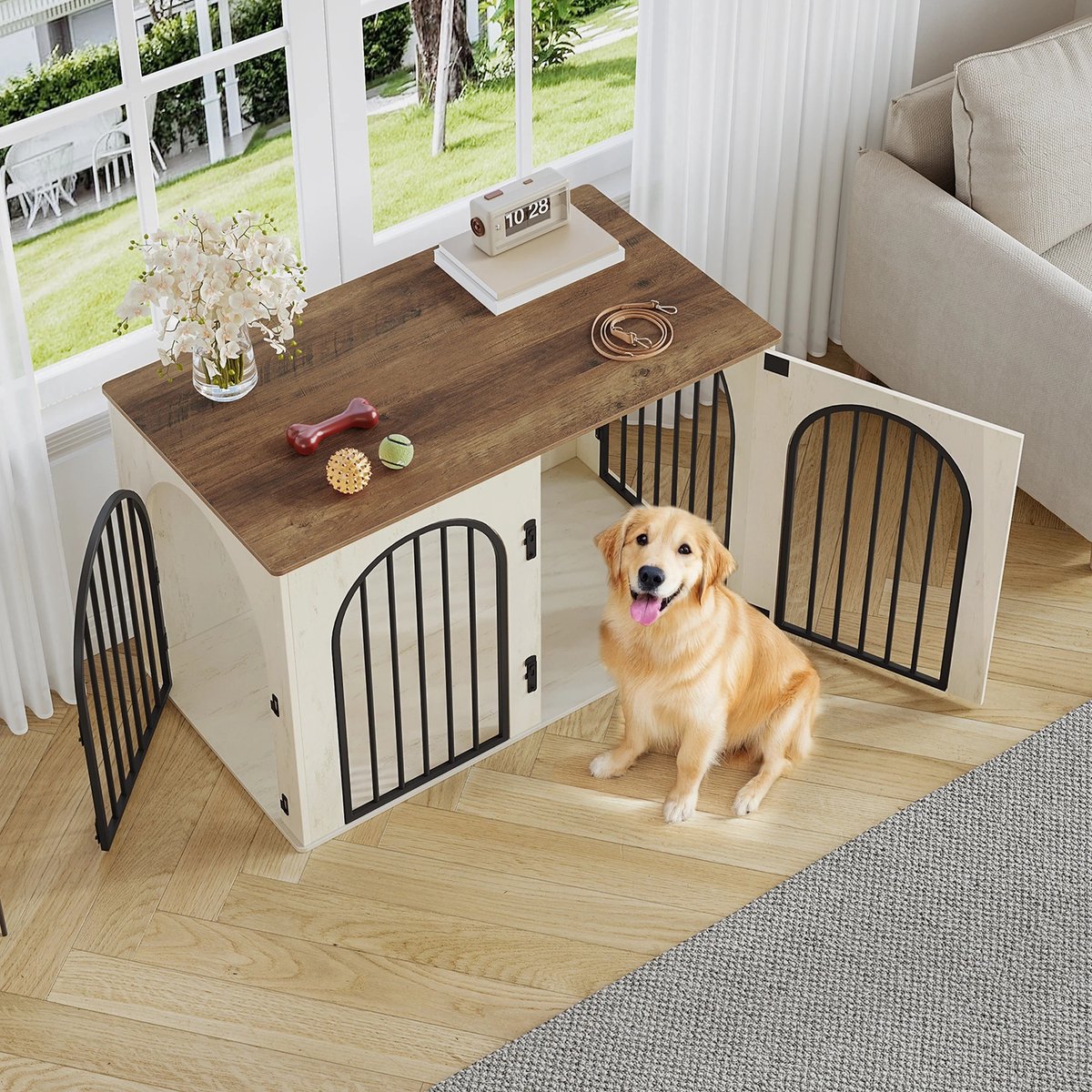 Dog Crate - Furniture - Dog Cage - Dog House - Dog Pen - Side Table - Coffee Table - 3 Doors - 100 × 60 × 63 cm - White