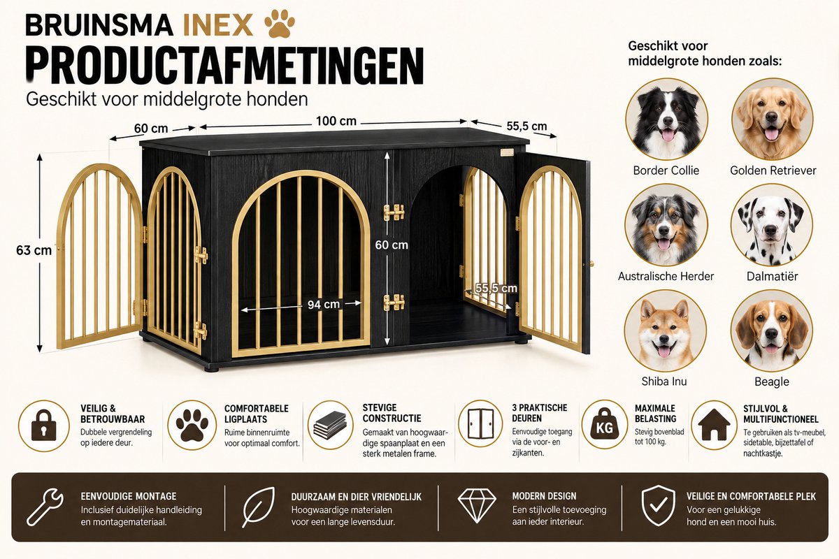 Dog Crate - Furniture - Dog Cage - Dog Kennel - Dog Pen - Side Table - Coffee Table - 3 Doors - 100x60x63 cm - Black