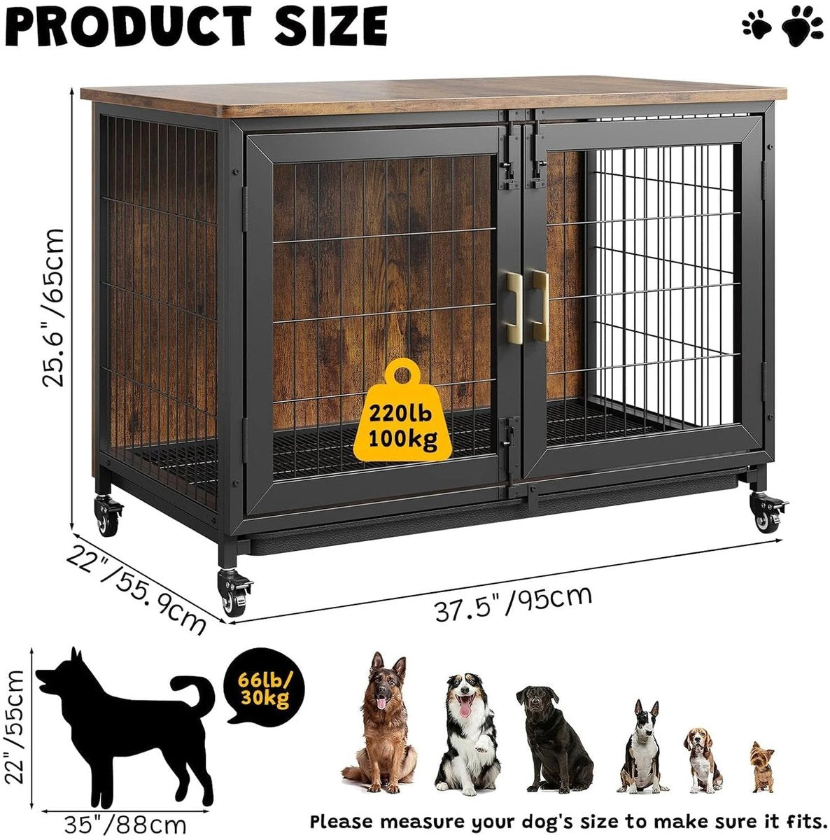 Dog Crate - Furniture - Dog Cage - Dog House - Dog Pen - Coffee Table - Removable Tray - 95x55.9x65 Cm - Brown