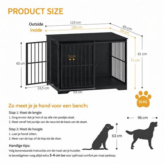Hondenbench - Meubel - Hondenkooi - Hondenhok - Hondenbox -Salontafel - 2 Deuren - Schuifdeur - 110 x 65 x 81 cm - Zwart