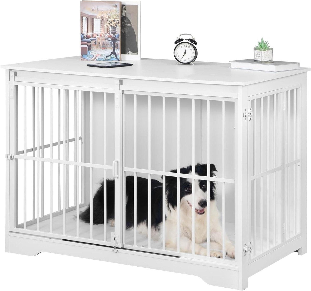 Hondenbench - Meubel - Hondenkooi - Hondenhok - Hondenbox - Salontafel - 2 Deuren - Schuifdeur - 110 x 64 x 81 cm - Wit