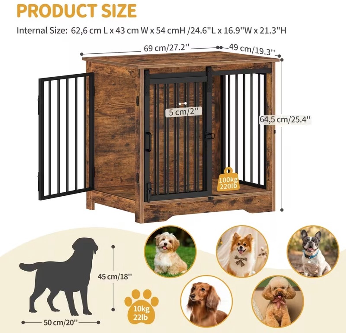 Dog Crate - Furniture - Dog Cage - Dog Kennel - Dog Pen - Coffee Table - 2 Doors - Sliding Door - 49×69×64.5 Cm - Brown