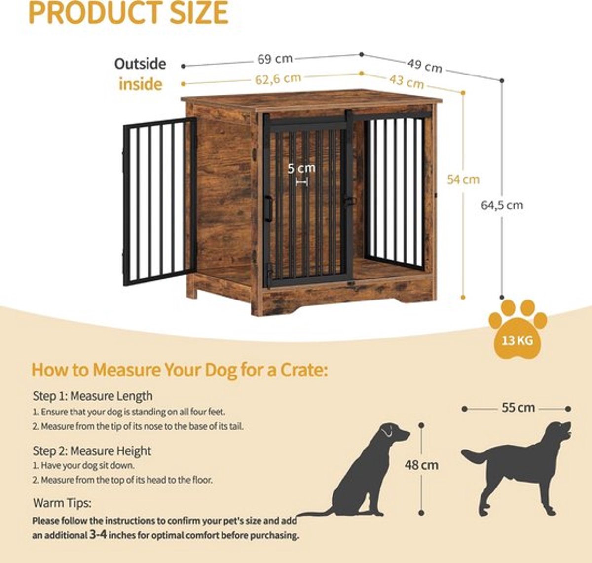 Dog Crate - Furniture - Dog Cage - Dog Kennel - Dog Pen - Coffee Table - 2 Doors - Sliding Door - 49×69×64.5 Cm - Brown