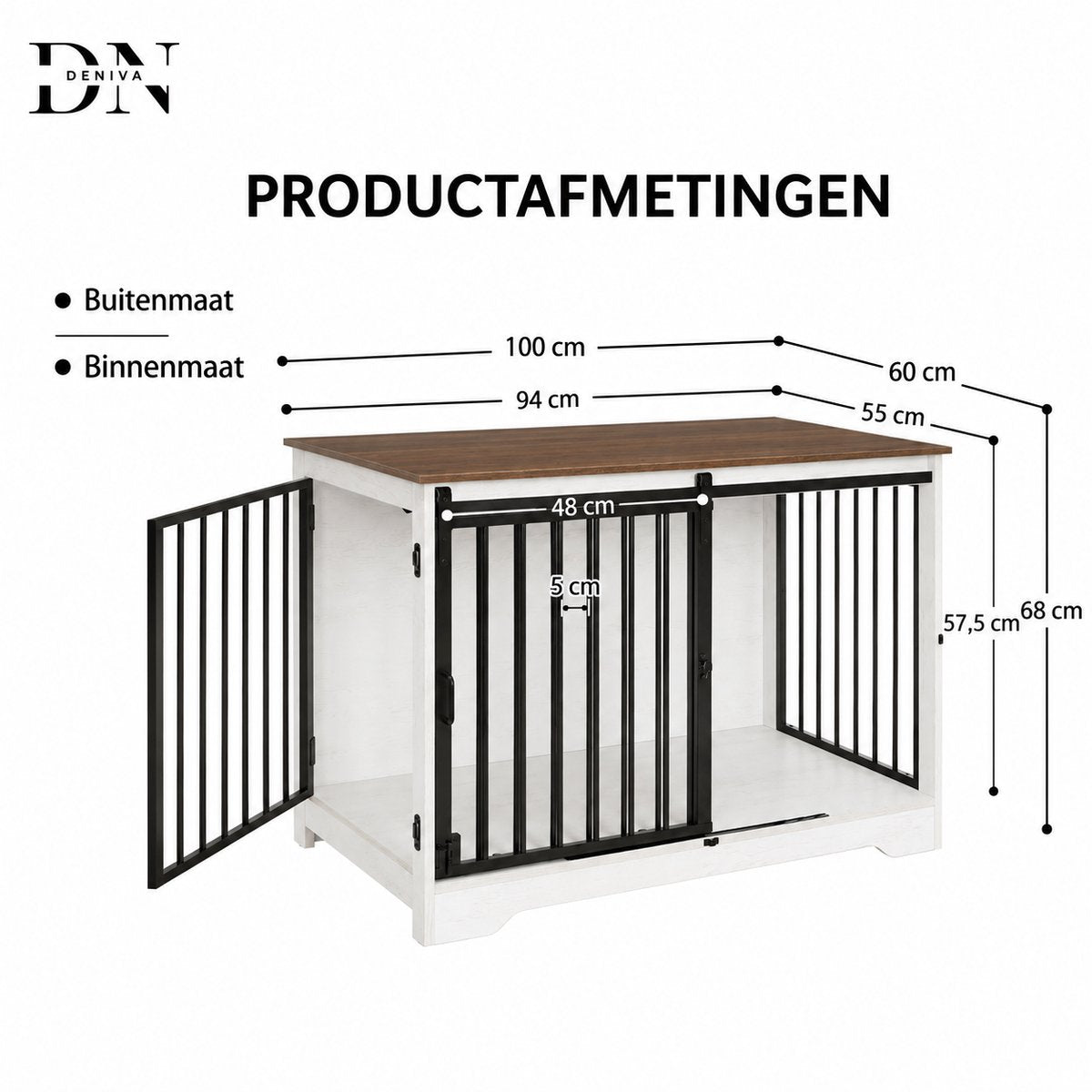 Hondenbench - Meubel - Hondenkooi - Hondenhok - Hondenbox -Salontafel - 2 Deuren - Schuifdeur - 100 x 60 x 68 cm - Wit