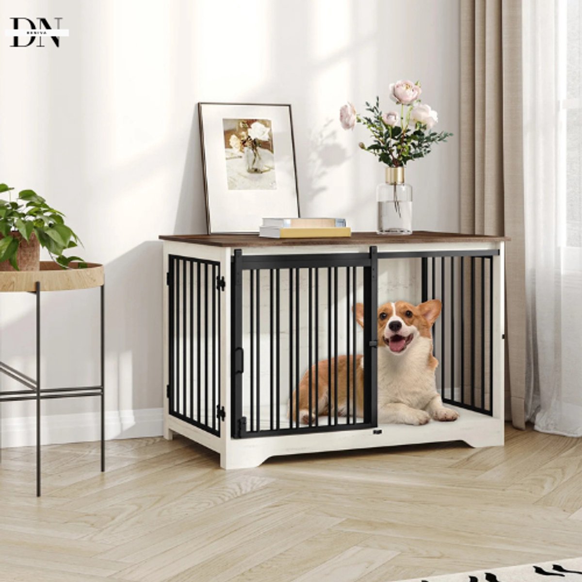 Hondenbench - Meubel - Hondenkooi - Hondenhok - Hondenbox -Salontafel - 2 Deuren - Schuifdeur - 100 x 60 x 68 cm - Wit