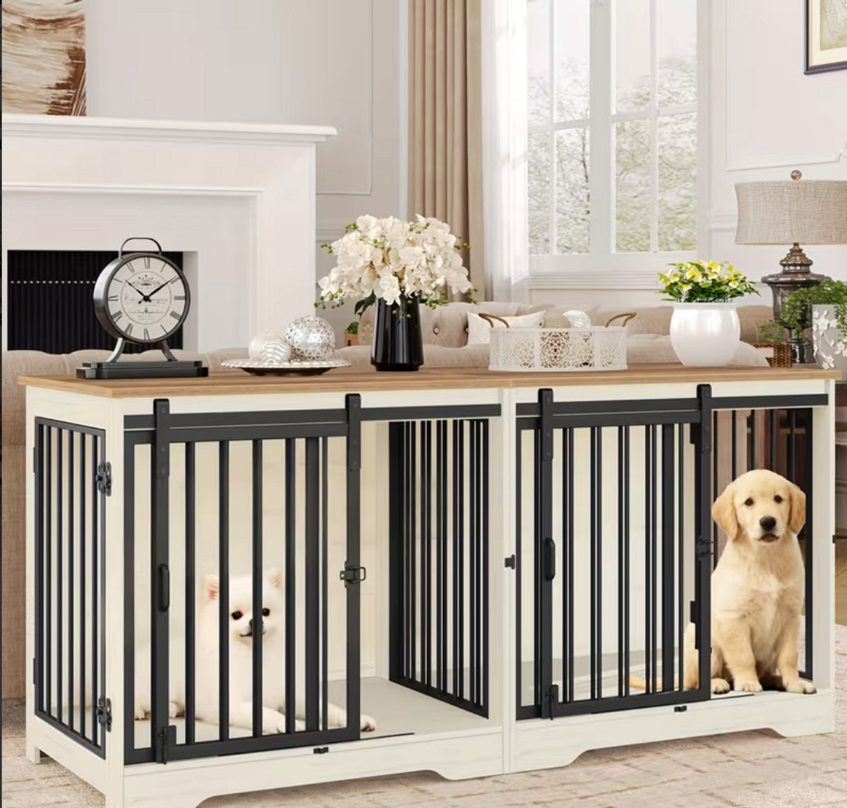 Dog Crate - Furniture - Dog Cage - Dog Kennel - Dog Box - Coffee Table - Sliding Door - 4 Doors - 136 x 49 x 65 cm - White