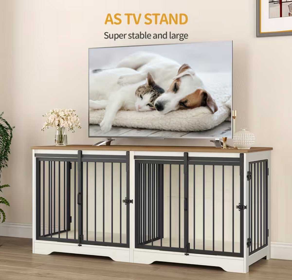 Dog Crate - Furniture - Dog Cage - Dog Kennel - Dog Box - Coffee Table - Sliding Door - 4 Doors - 136 x 49 x 65 cm - White