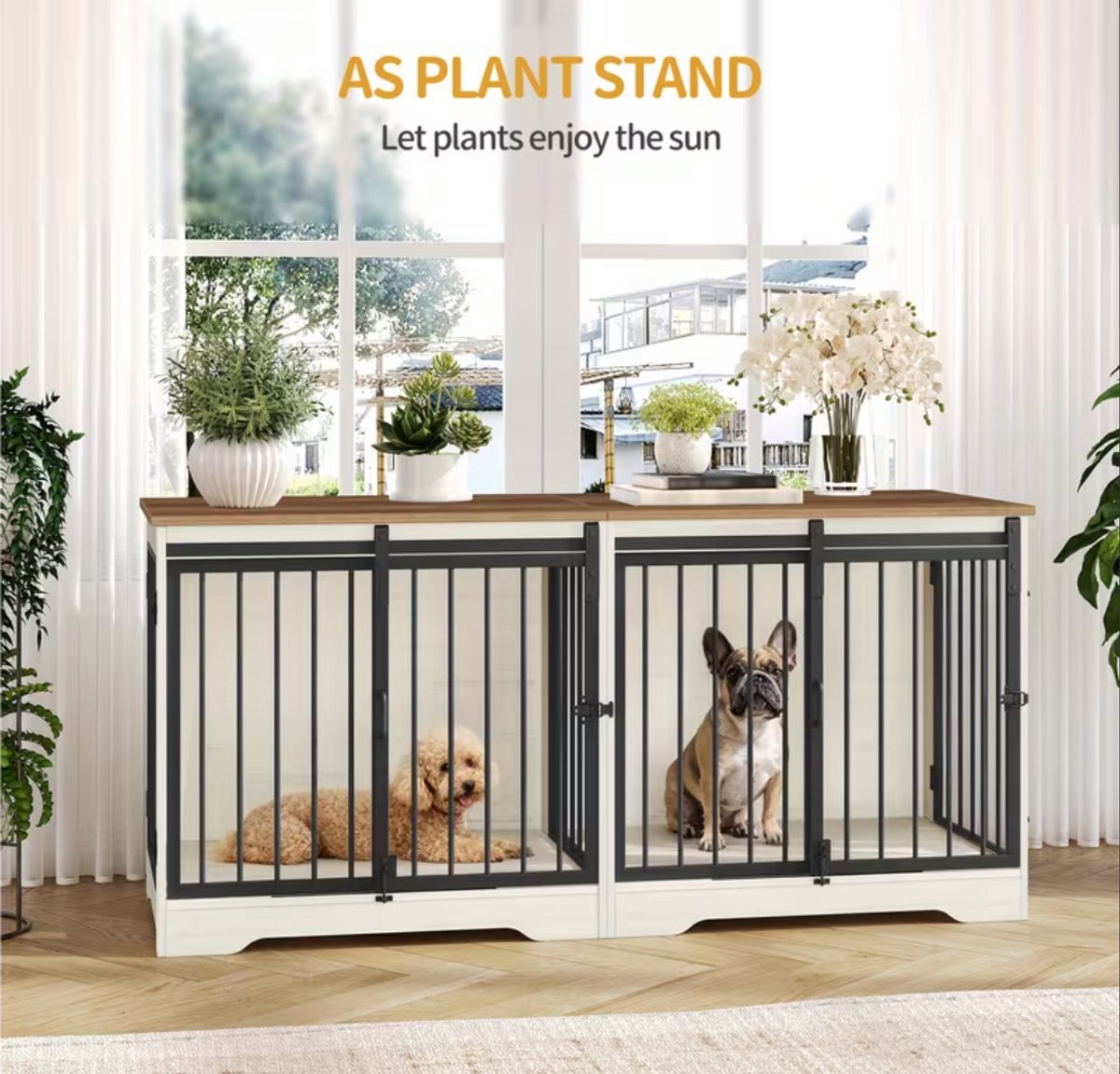Dog Crate - Furniture - Dog Cage - Dog Kennel - Dog Box - Coffee Table - Sliding Door - 4 Doors - 136 x 49 x 65 cm - White