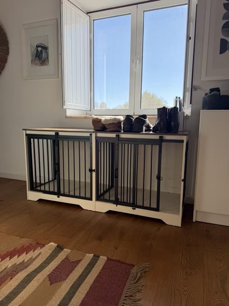 Dog Crate - Furniture - Dog Cage - Dog Kennel - Dog Box - Coffee Table - Sliding Door - 4 Doors - 136 x 49 x 65 cm - White