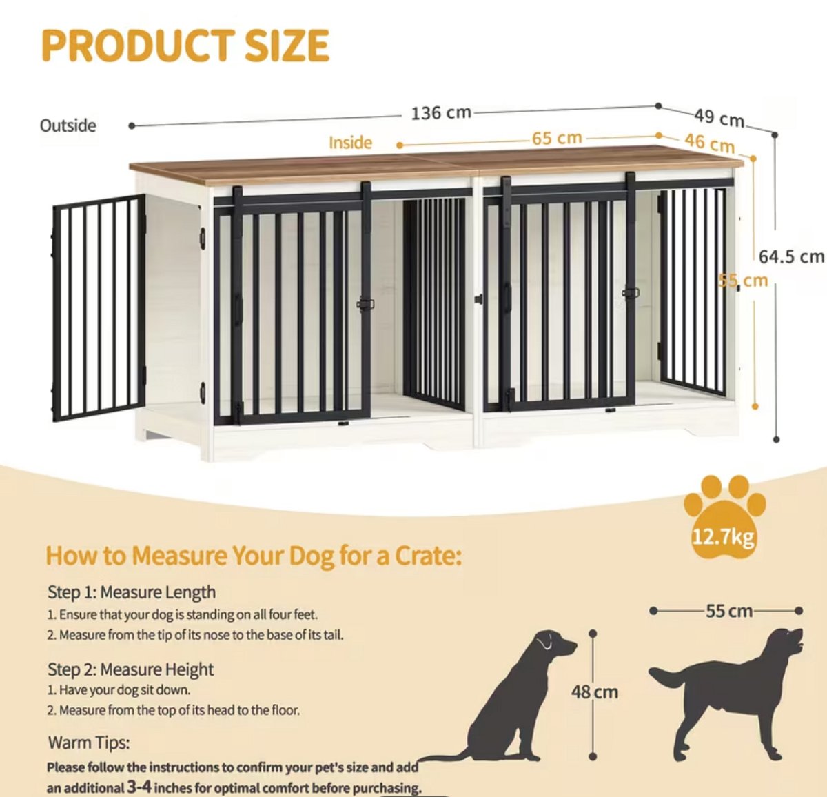 Dog Crate - Furniture - Dog Cage - Dog Kennel - Dog Box - Coffee Table - Sliding Door - 4 Doors - 136 x 49 x 65 cm - White