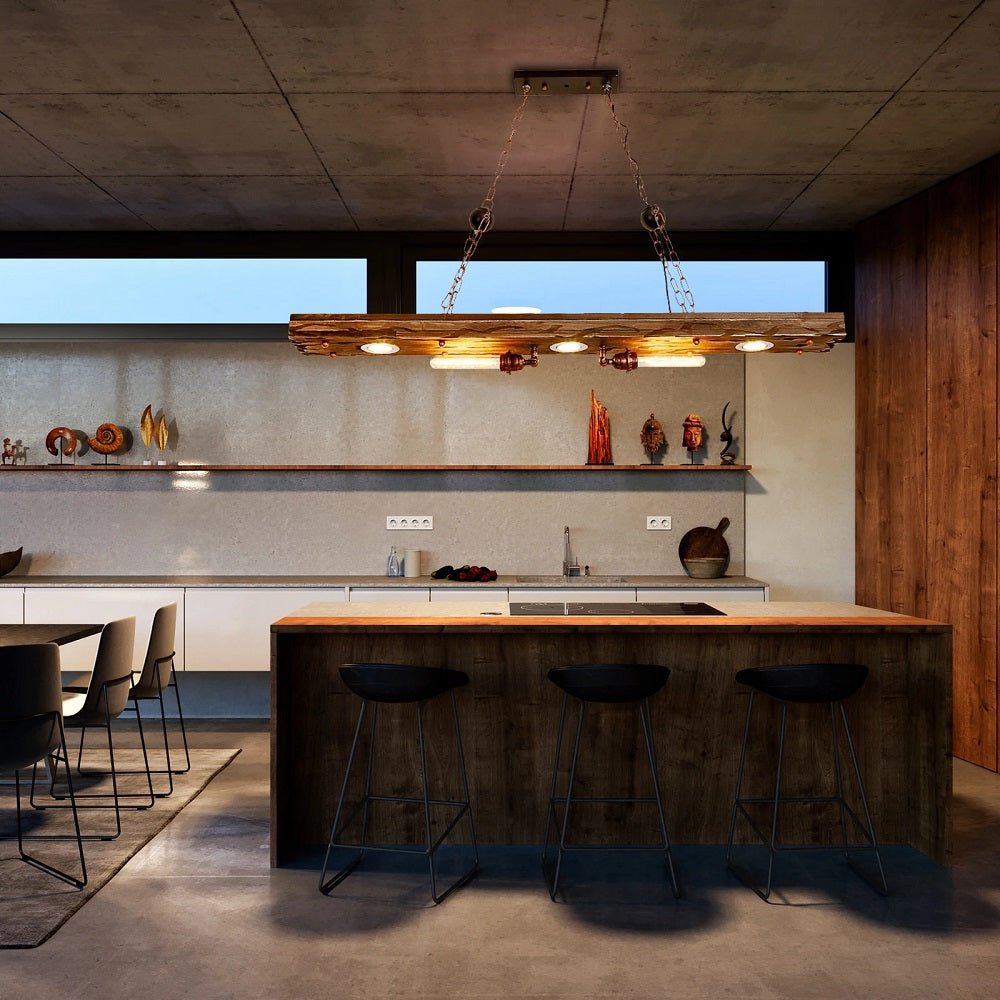 Industrial Wood And Metal Pendant Light - Antique Chandelier - Length Approx. 120 cm - E27 - Adjustable - For Kitchens And Dining Rooms
