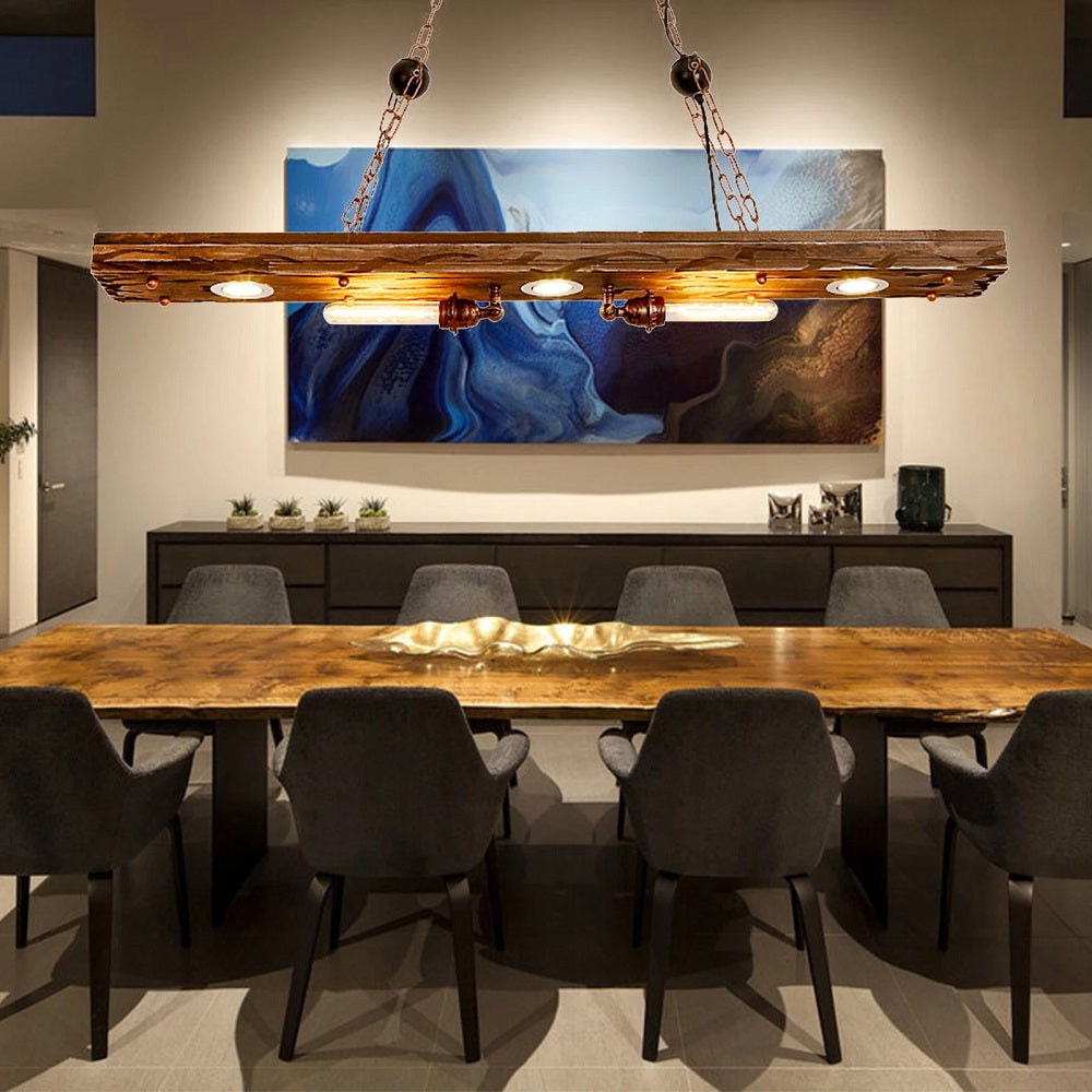 Industrial Wood And Metal Pendant Light - Antique Chandelier - Length Approx. 120 cm - E27 - Adjustable - For Kitchens And Dining Rooms