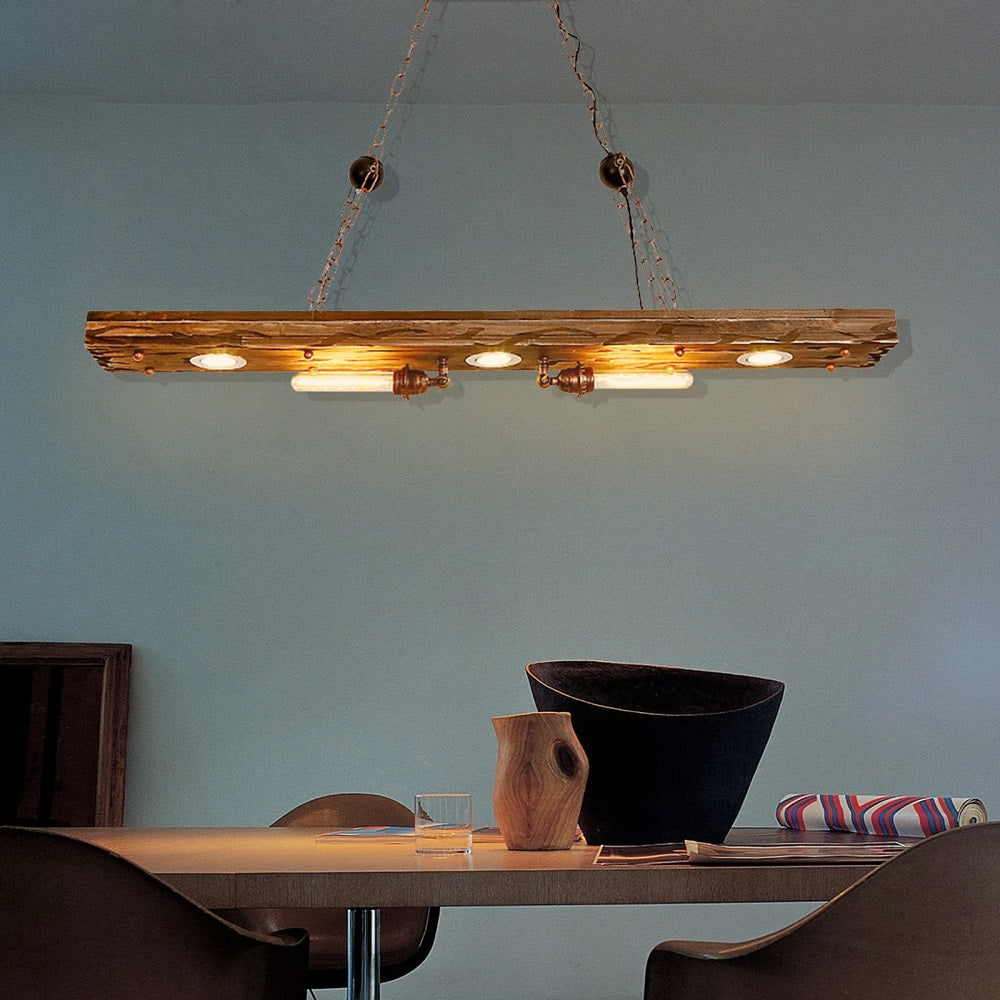 Industrial Wood And Metal Pendant Light - Antique Chandelier - Length Approx. 120 cm - E27 - Adjustable - For Kitchens And Dining Rooms