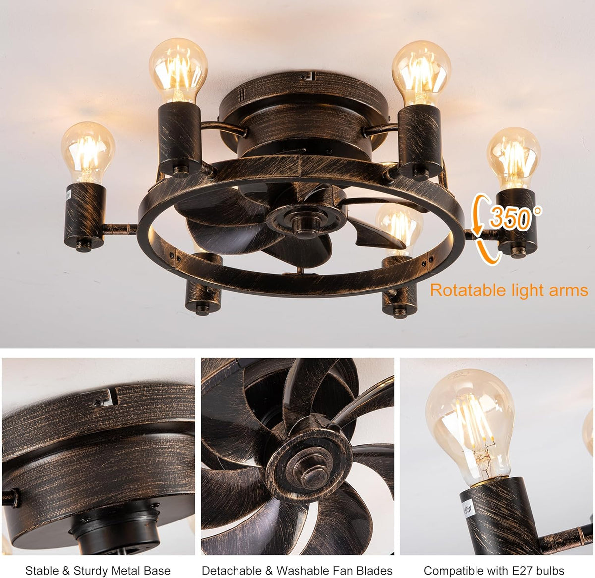 Industrial Retro Style Ceiling Fan - Fan Lamp - Smart Lamp - Dimmable - 6 Settings - Modern Lamp - 6 Bulbs