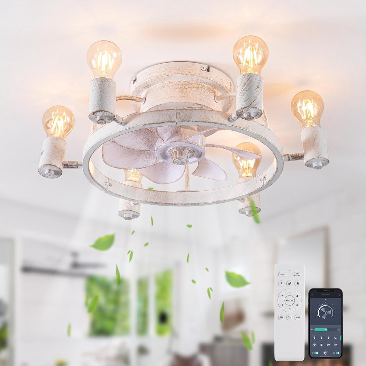 Industrial Retro Ceiling Fan With Light - White - Ø52 cm - 6x E27-Sockets - 6 Speeds - App And Remote Control