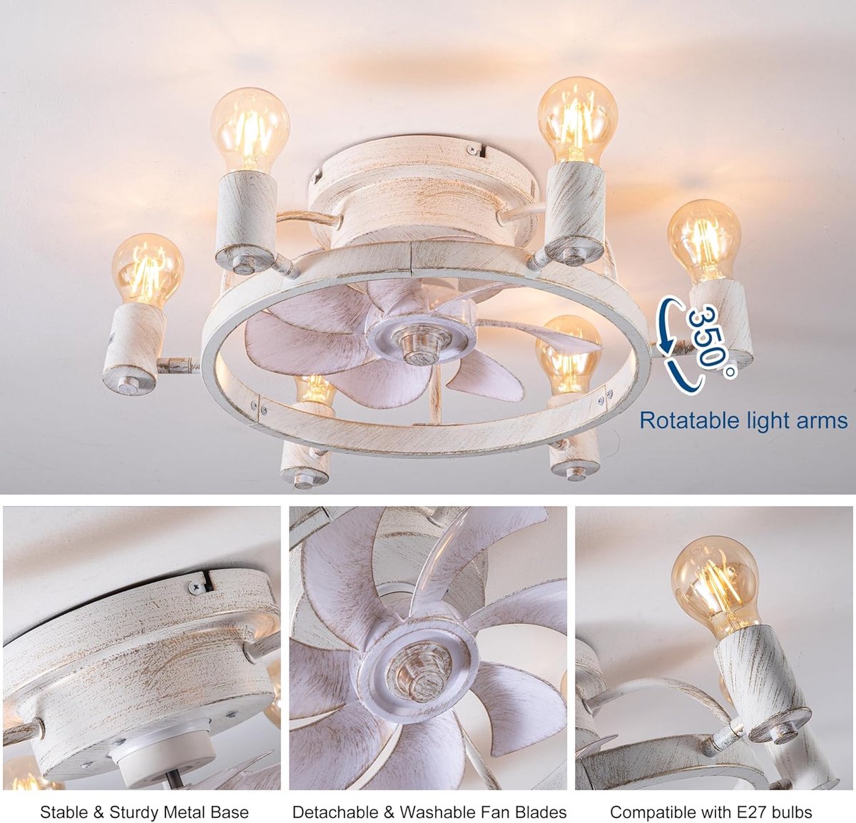 Industrial Retro Ceiling Fan With Light - White - Ø52 cm - 6x E27-Sockets - 6 Speeds - App And Remote Control