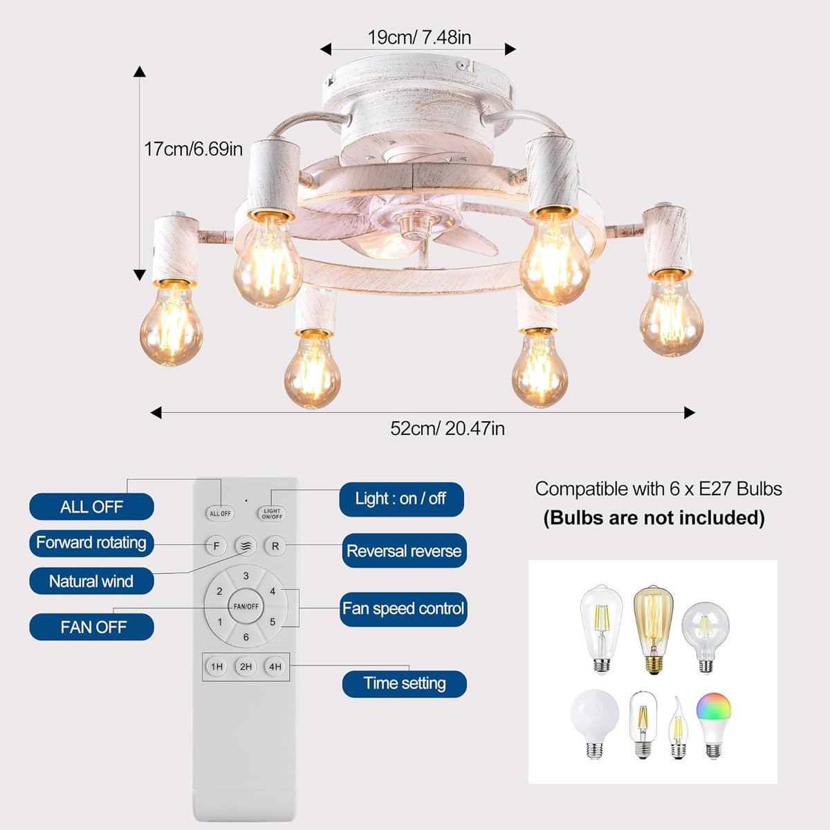 Industrial Retro Ceiling Fan With Light - White - Ø52 cm - 6x E27-Sockets - 6 Speeds - App And Remote Control