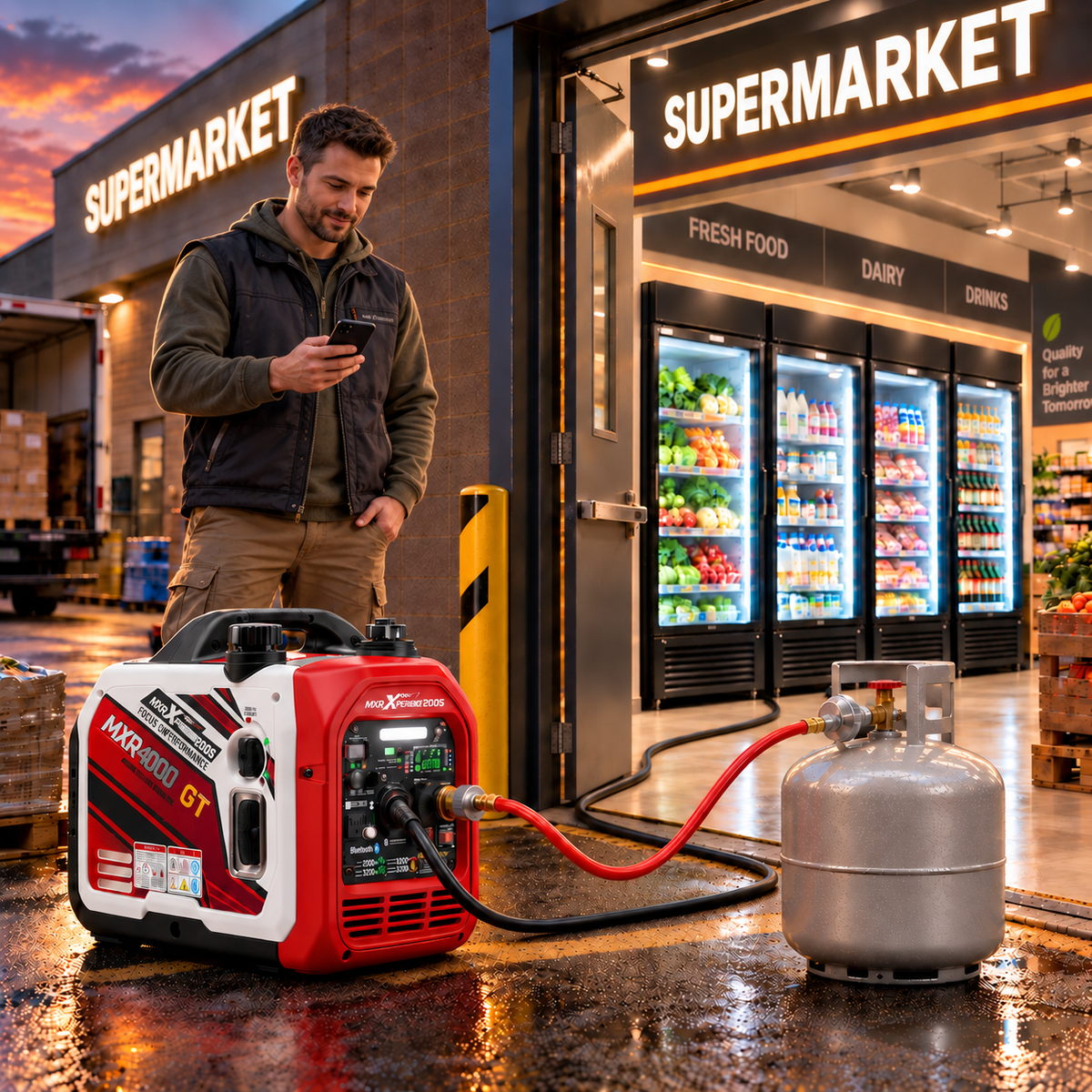 Inverter Generator 3500W - Gasoline and LPG/Propane - Dual Fuel - 3200W - 220–240 V - Silent 4-Stroke Generator with Electric Start, App Control and USB - For Camping, RV and Emergency Power