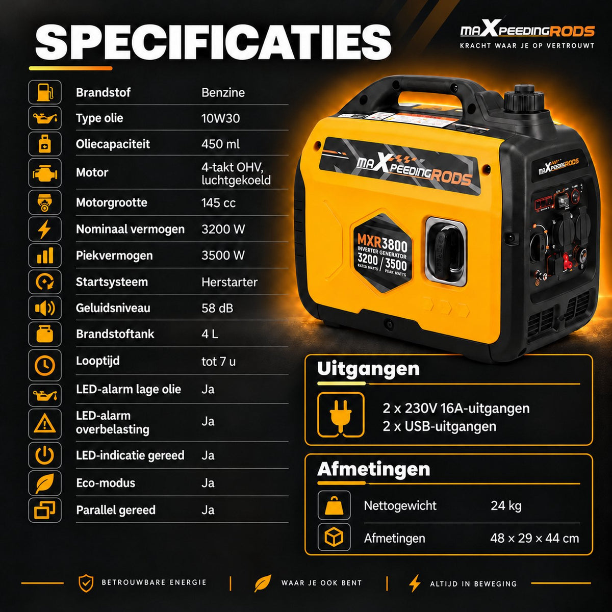 Inverter Generator Benzine - Aggregaat - 3200W Continu - 3500W Piek - 4-Takt - Eco-modus - Noodstroom - Stroomgenerator voor Thuis, Kamperen, Evenementen & Noodpakket