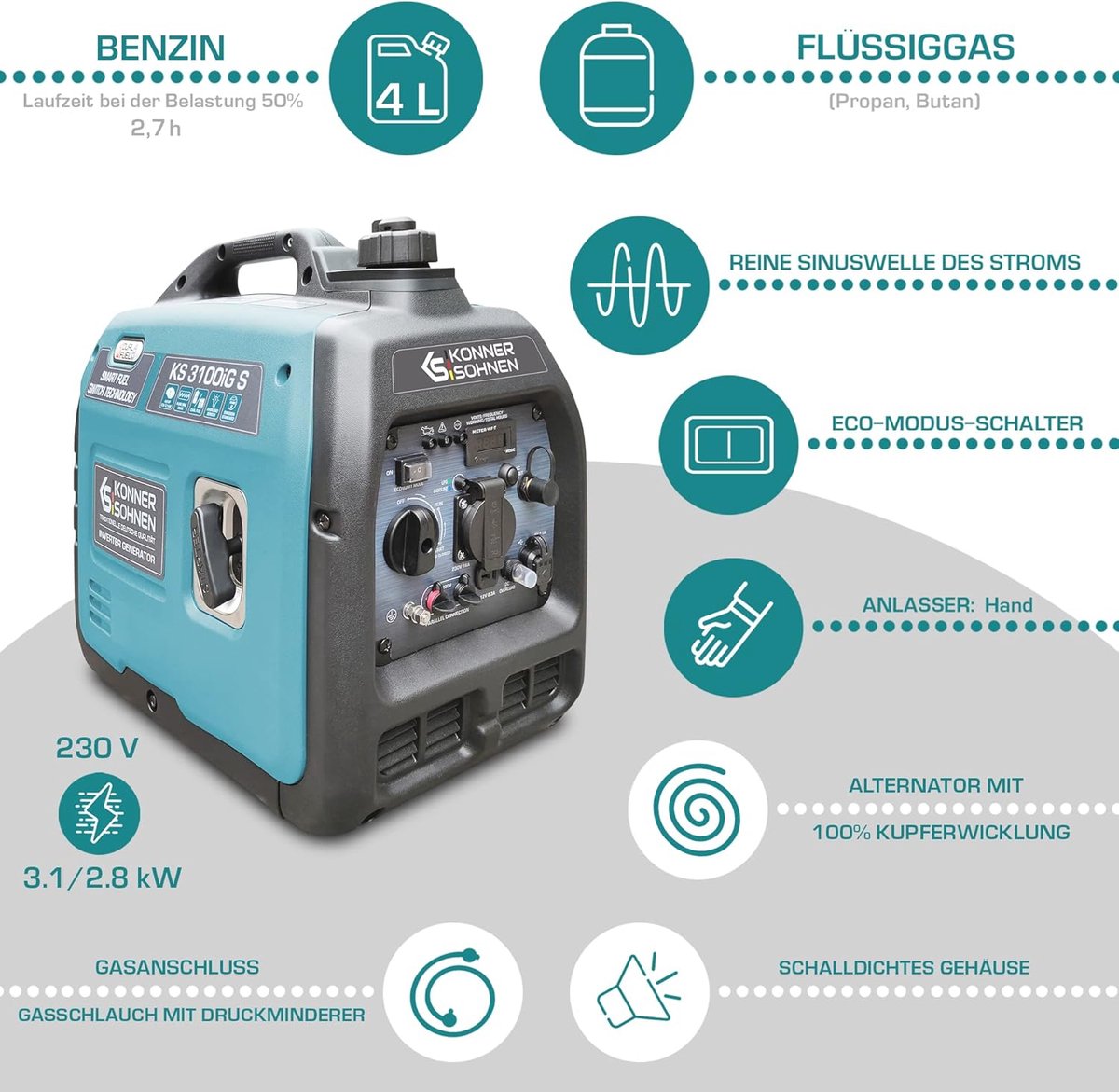 Dual-Fuel Invertergenerator - Vermogen 3100 W - Benzine En LPG - Eco-Modus - 220–240 V En USB - LED-Display