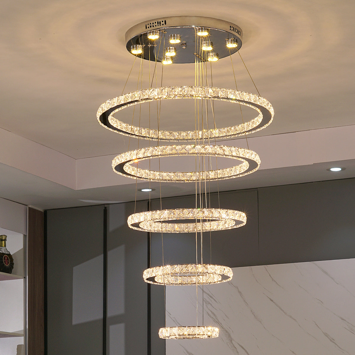 Crystal Pendant Light - 5-Ring Chandelier - Crystal LED Pendant Lamp - 3 Colors - Living Room Lamp - Modern Lamp - Pendant Light