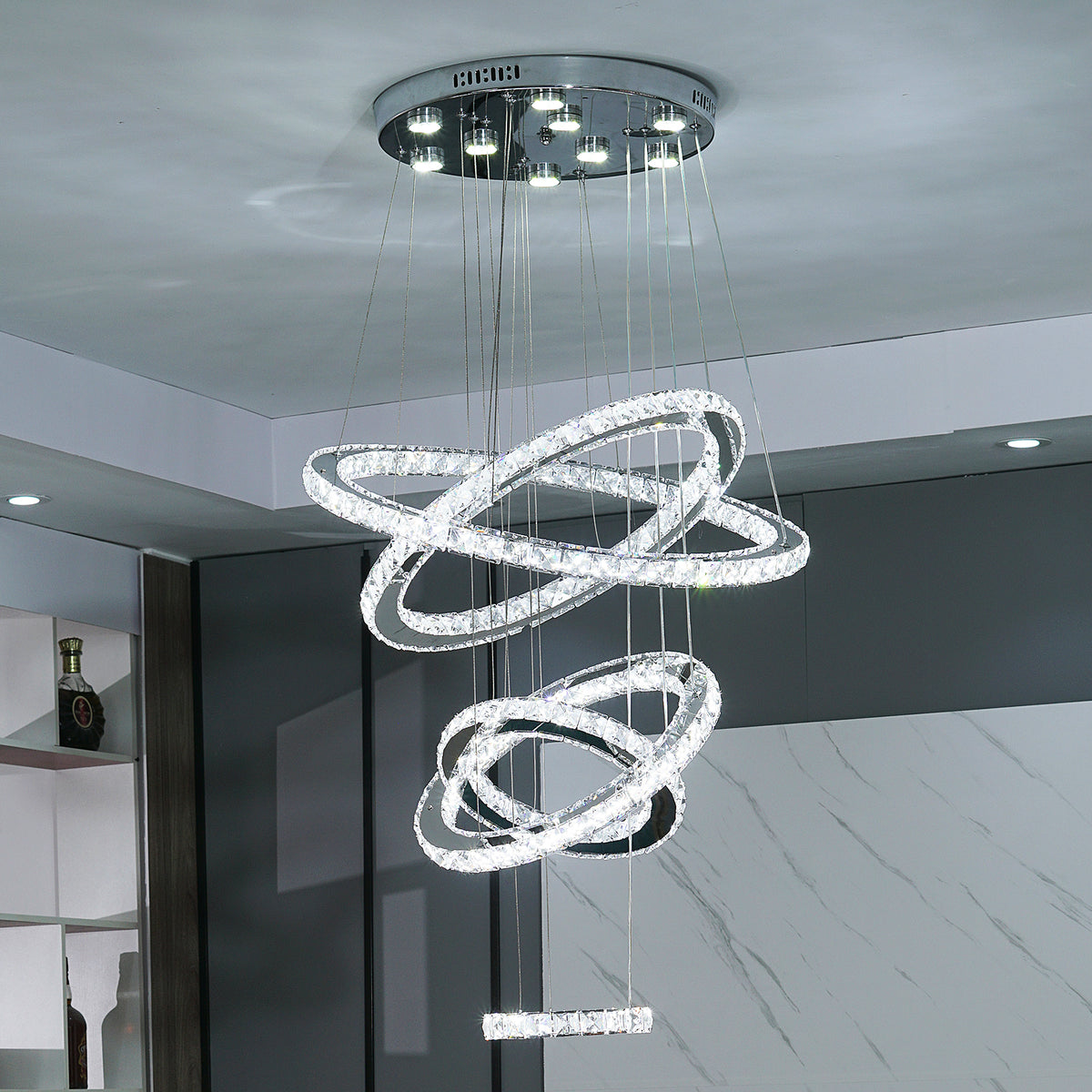 Crystal Pendant Light - 5-Ring Chandelier - Crystal LED Pendant Lamp - 3 Colors - Living Room Lamp - Modern Lamp - Pendant Light