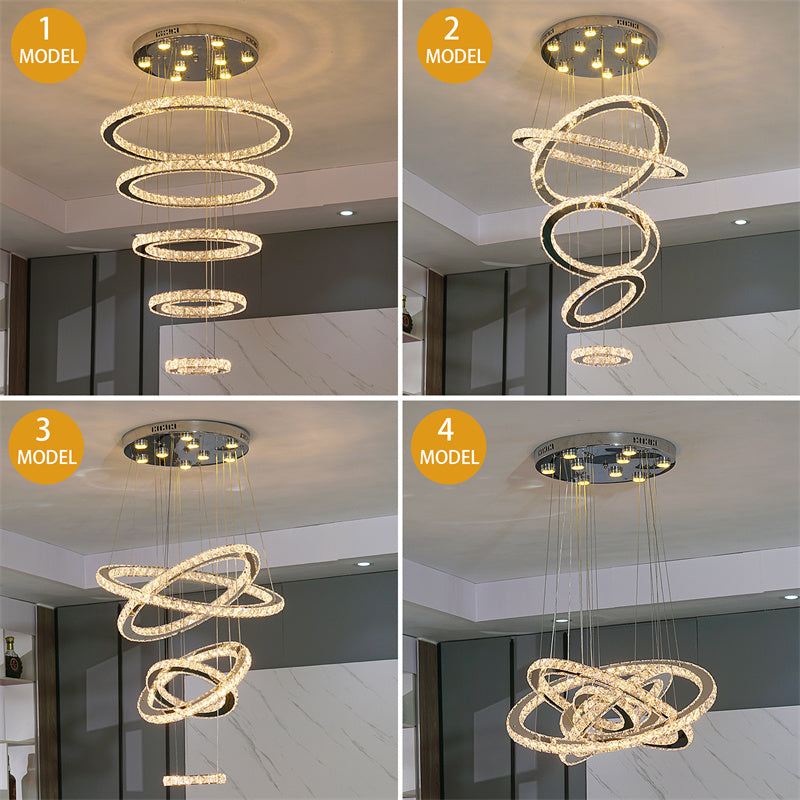 Crystal Pendant Light - 5-Ring Chandelier - Crystal LED Pendant Lamp - 3 Colors - Living Room Lamp - Modern Lamp - Pendant Light