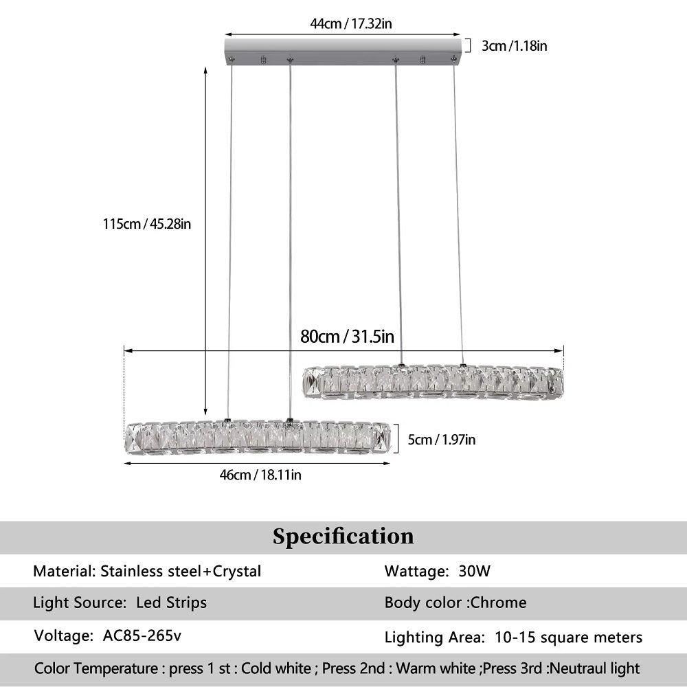 Kristallen 2 Lichtbalken Hanglamp - Chroom - SMD-LED Inbegrepen - 3 Schakelbare Witte Lichtkleuren - Moderne Kroonluchter Voor Woonkamer En Eetkamer