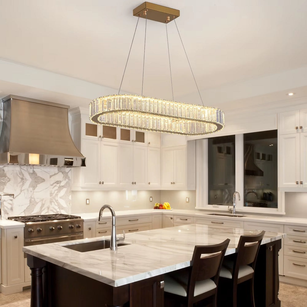 Oval Crystal LED Pendant Light - Modern Chandelier - Gold - With Remote Control - For Living And Dining Rooms