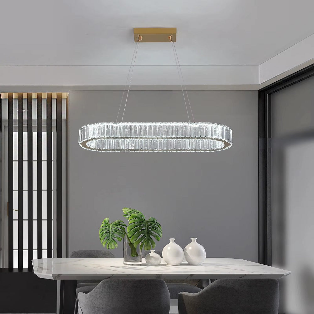 Oval Crystal LED Pendant Light - Modern Chandelier - Gold - With Remote Control - For Living And Dining Rooms