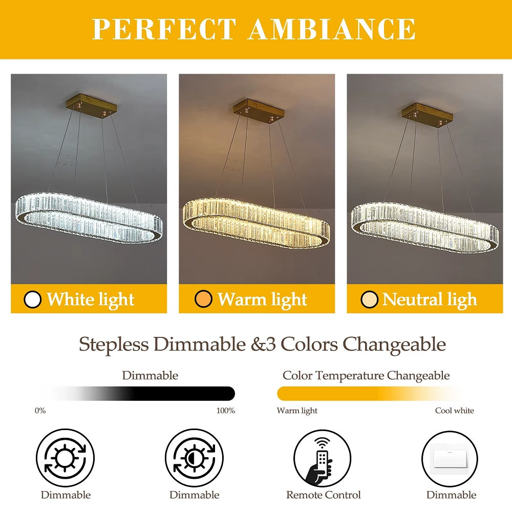 Oval Crystal LED Pendant Light - Modern Chandelier - Gold - With Remote Control - For Living And Dining Rooms