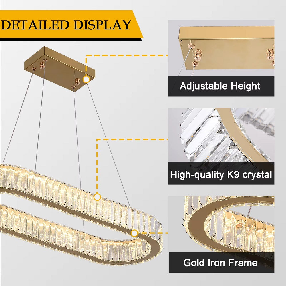 Oval Crystal LED Pendant Light - Modern Chandelier - Gold - With Remote Control - For Living And Dining Rooms