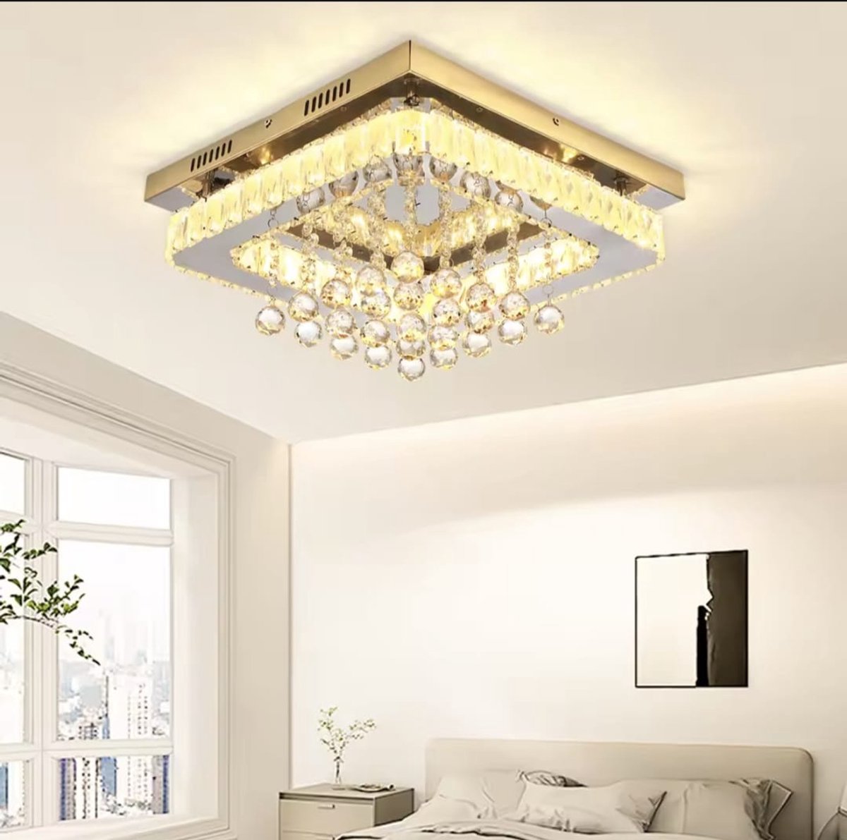 Square Crystal LED Ceiling Light - 40 cm - 24 W - Dimmable With Remote Control - 3 Adjustable White Light Tones - Modern Chandelier For The Living Room