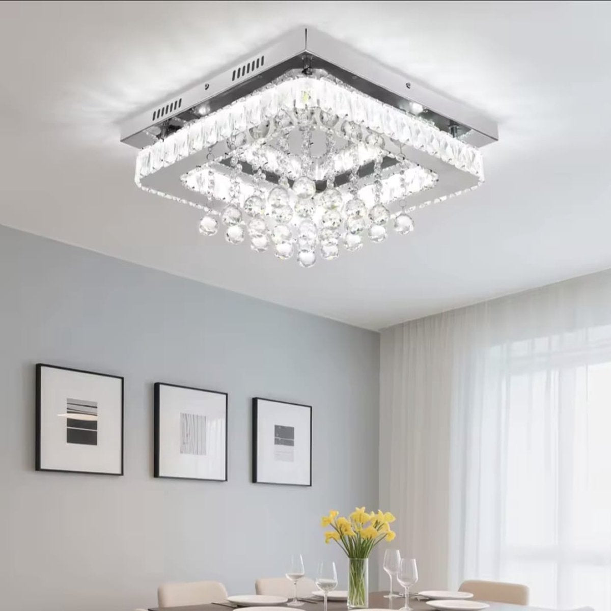 Square Crystal LED Ceiling Light - 40 cm - 24 W - Dimmable With Remote Control - 3 Adjustable White Light Tones - Modern Chandelier For The Living Room