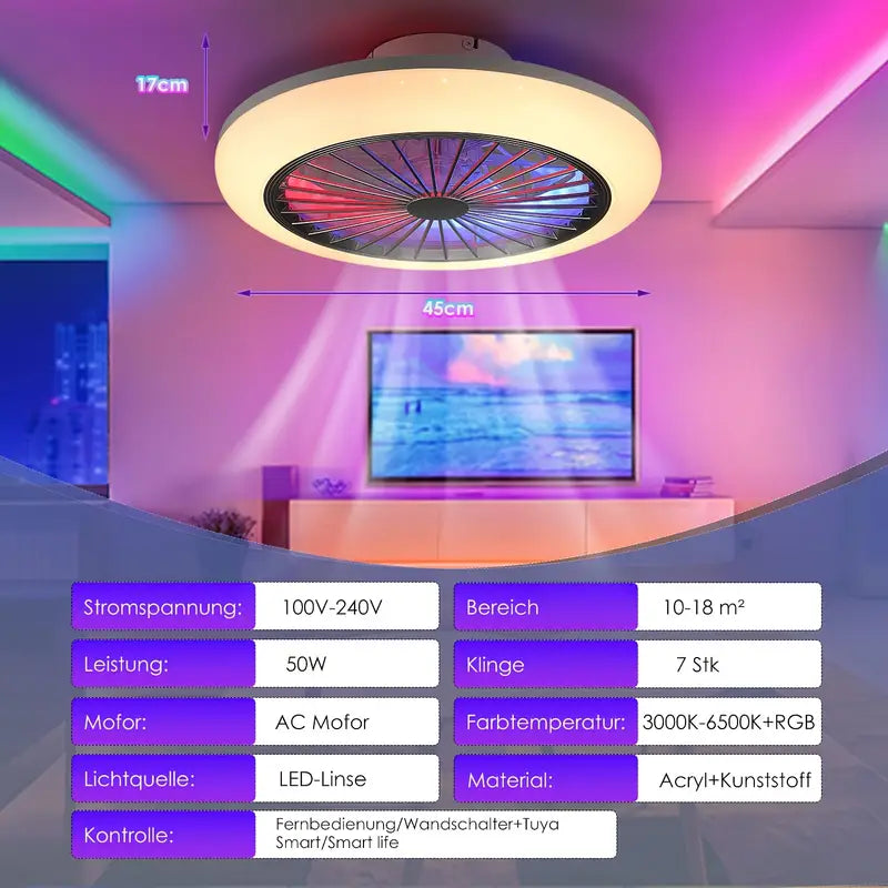 LED RGB Ventilator Lamp - Smart Lamp - Plafondventilator - RGB - 12 Kleuren - Dimbaar - 45 cm - 6 Standen - Plafondventilator - Woonkamerlamp - Moderne Lamp