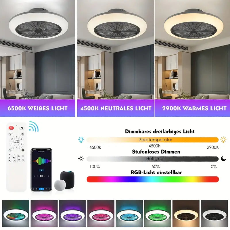 LED RGB Ventilator Lamp - Smart Lamp - Plafondventilator - RGB - 12 Kleuren - Dimbaar - 45 cm - 6 Standen - Plafondventilator - Woonkamerlamp - Moderne Lamp