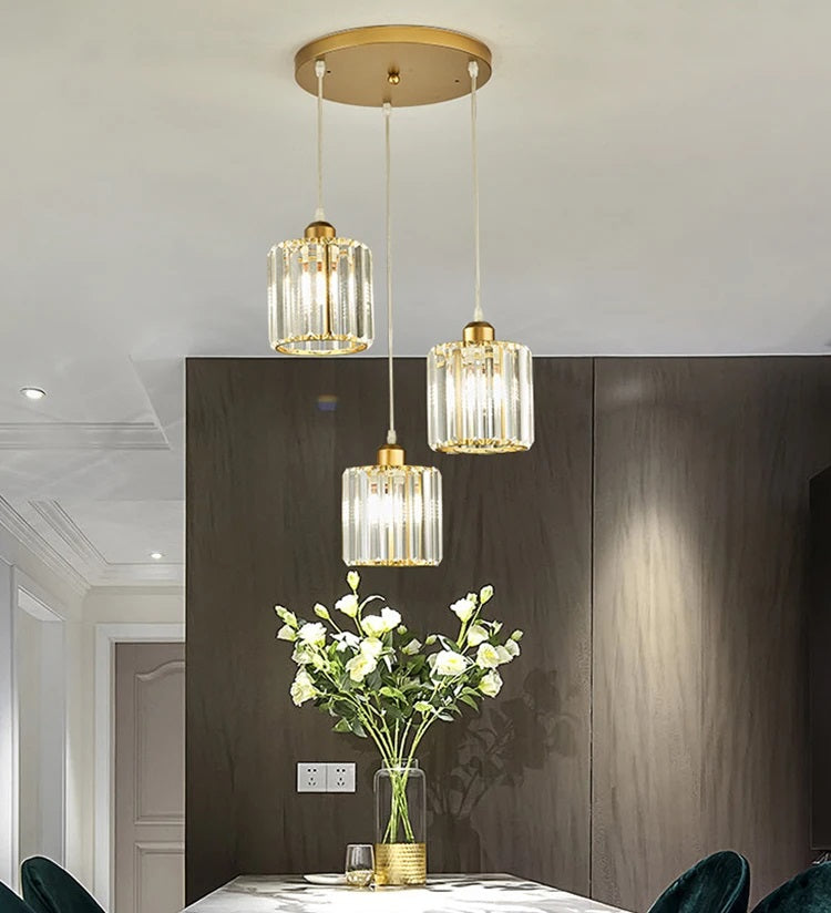 LuxiLamps - 3 Round Crystal Pendant Lights - Gold Chandelier - E27 - For Kitchen Or Dining Room - Modern Pendant Light