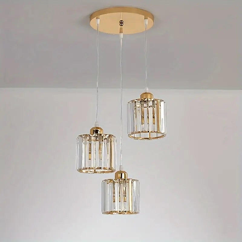 LuxiLamps - 3 Round Crystal Pendant Lights - Gold Chandelier - E27 - For Kitchen Or Dining Room - Modern Pendant Light