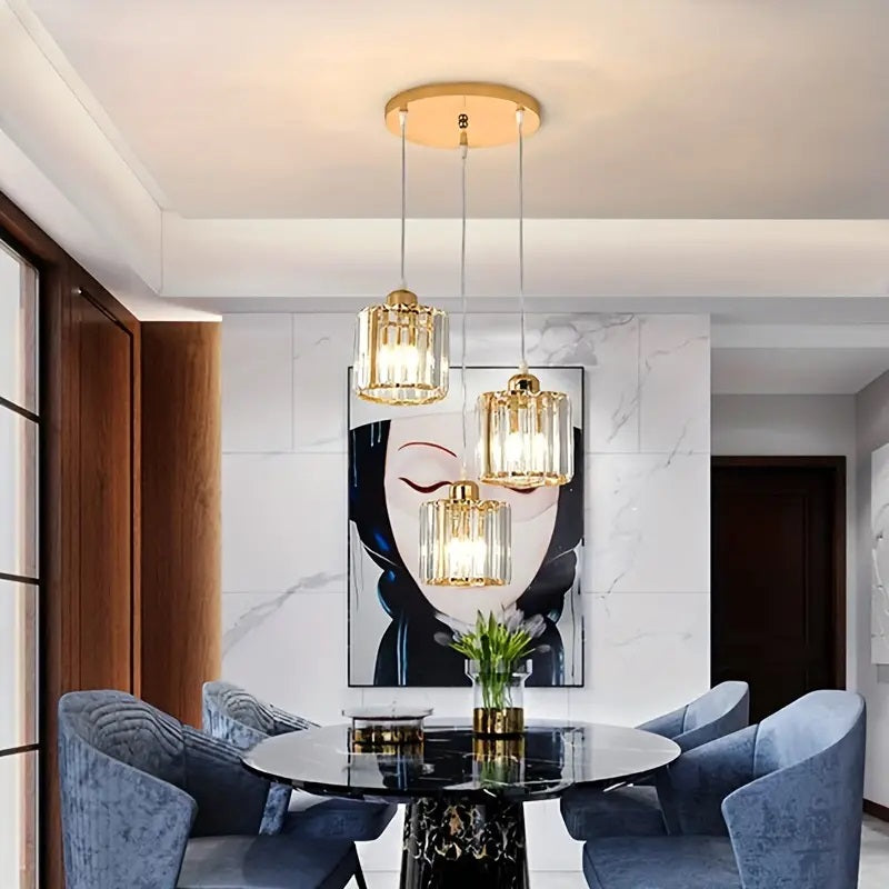 LuxiLamps - 3 Round Crystal Pendant Lights - Gold Chandelier - E27 - For Kitchen Or Dining Room - Modern Pendant Light