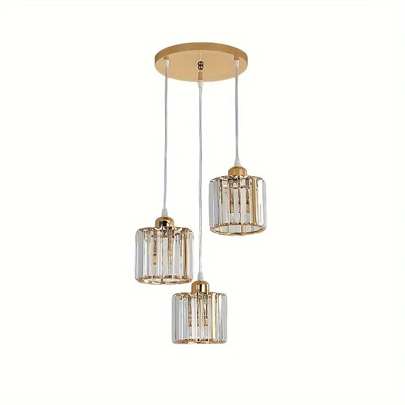 LuxiLamps - 3 Round Crystal Pendant Lights - Gold Chandelier - E27 - For Kitchen Or Dining Room - Modern Pendant Light