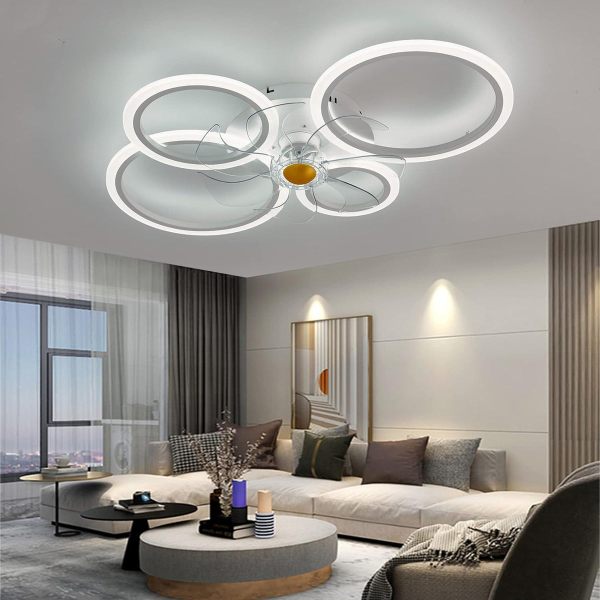 LuxiLamps - 4 Ringen LED Plafondventilator - Wit - 6 Snelheden - Smart lamp - Dimbaar Met Afstandsbediening & APP - Moderne Cirkel Ventilator Licht - Kroonluchter Ventilator