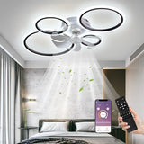 LuxiLamps - 4-Ring LED Ceiling Fan - Black - 6 Speeds - Smart Lamp - Dimmable with Remote Control & APP - Modern Circular Fan Light - Chandelier Fan
